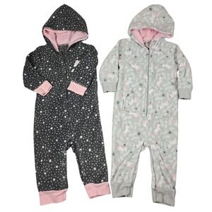 HB Girls 2-Pack Baby Fleece Hooded  9–12M Unicorn & Star Print One-Piece Rompers